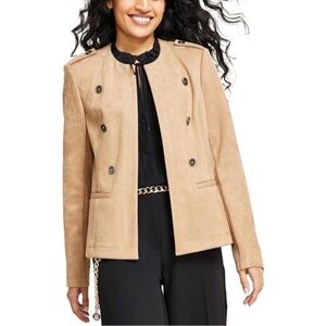 Tommy Hilfiger Womens Beige Faux Suede Double-Breasted Blazer Jacket L